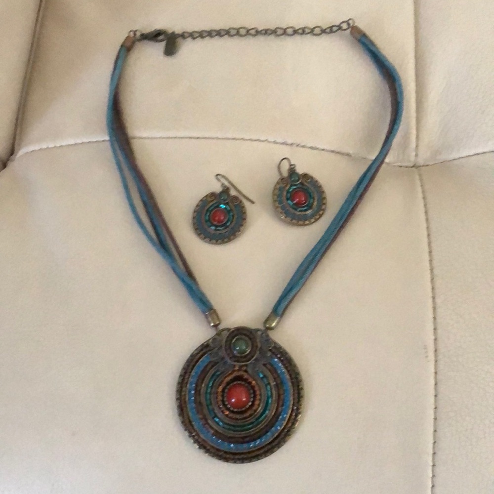 Necklace and earings blue green and orange.